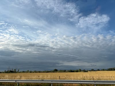 The image shows a vast, golden field of dry crops under a dramatic sky filled with a mix of dark grey storm clouds and lighter, wispy clouds. In the distance, a line of trees borders the field, with some taller structures, possibly industrial chimneys, visible among them. The foreground is occupied by a metal guardrail, suggesting the photo was taken from a road. The scene evokes a sense of impending weather change over a rural landscape.