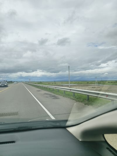 The image shows a view from inside a car driving on a highway, likely near Rovnoe, Russia. The road is straight and has a solid white line separating the lanes. There are guardrails on the right side of the road. Beyond the guardrails is a grassy area that transitions into what appears to be a marshy or wetlands environment with utility poles visible in the distance. The sky is overcast with heavy clouds. A dark-colored van is visible in the left lane. The foreground shows the interior of the car, including the dashboard and a portion of the windshield.