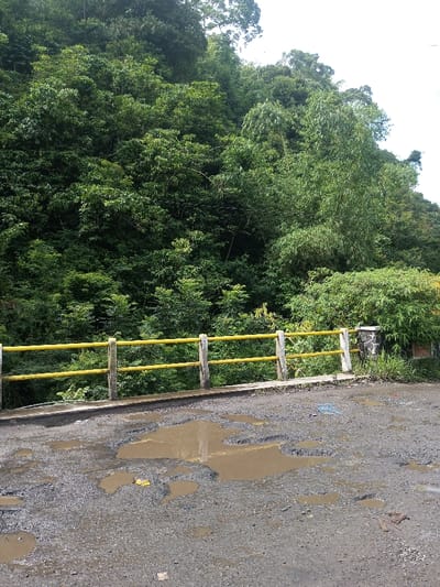 A weathered road with multiple water-filled potholes sits in front of a bridge with a yellow railing. Lush green vegetation covers a hillside in the background, providing a dense, natural backdrop. The sky is partially visible, suggesting a partly cloudy day. The road surface is cracked and worn, contrasting with the vibrant greenery and man-made bridge.