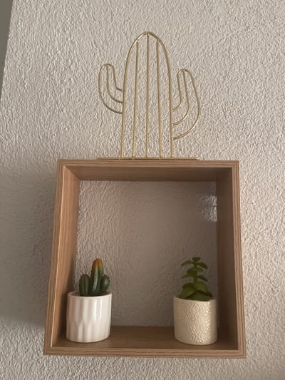 A gold wire cactus sculpture is mounted on a textured white wall, to the left of a light wood floating shelf. The shelf is rectangular and contains two small potted plants. The plant on the left has green leaves and is in a white ceramic pot with a raised geometric pattern. The plant on the right is a cactus with green and orange tones, in a white ceramic pot with vertical ridges. The scene is indoors, and the lighting suggests daytime. There is no visible text. The location context is Chavdar, Bulgaria.