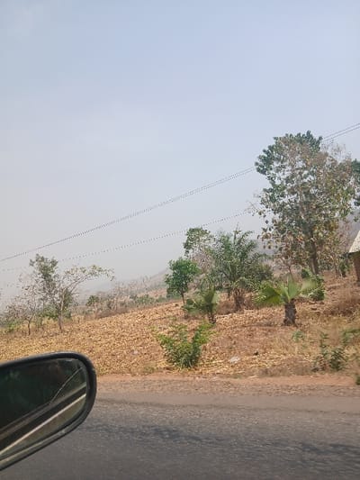 The scene depicts a dry, rural landscape in Bokana, Nigeria, observed from a moving vehicle. The foreground features the left side mirror of a vehicle, which is black and displays a diagonal crack across its surface. The mirror's reflection is unclear, showing dark shapes. Immediately beyond the vehicle is a dark asphalt road spanning the lower frame. Above the road, a significant portion of the image shows a vast expanse of reddish-brown earth, likely a cultivated field, covered with light brown, dry crop stubble or withered vegetation, sloping upwards from the road.
Scattered throughout this sloped terrain are various trees. Some have green, fan-like fronds, indicative of palm species, while others are deciduous with sparse or no leaves, suggesting a dry season. A small, light-colored structure, possibly a dwelling or shed, is partially visible on the far right, situated among the trees. In the background, distant hills or mountains are discernible, partially obscured by atmospheric haze. The sky is a pale, uniform blue-grey. Multiple thin, dark utility lines, likely power or communication wires, traverse the upper half of the image diagonally from left to right. No people or animals are present.