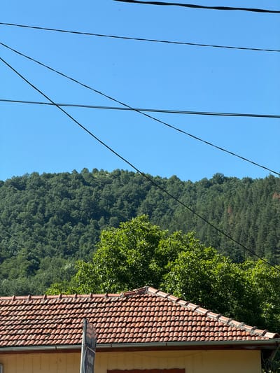 The image captures a sun-drenched outdoor scene in Beli Osam, Bulgaria. The foreground is dominated by a terracotta-tiled roof of a yellow building, suggesting a residential or commercial structure. Above the roofline, lush green trees create a dense canopy. In the background, a verdant, tree-covered hillside rises towards a clear, bright blue sky. Several black power lines crisscross the sky, adding a man-made element to the natural landscape. The overall impression is one of a tranquil, rural setting under a summer sky.