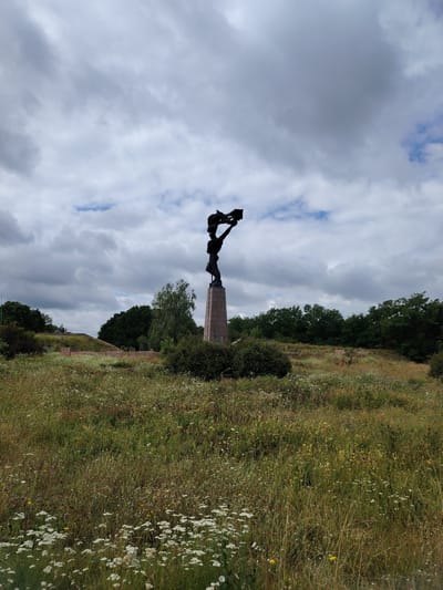The image shows a tall, dark statue of a person holding a large object above their head, likely a monument. The statue stands on a thick, stone pedestal in a field of tall grass and wildflowers. In the background, there are trees and a cloudy sky. The scene appears to be outdoors, possibly in a park or memorial site. The weather looks overcast, with dramatic clouds filling the sky. The overall mood is solemn, fitting for a monument. The location is identified as Balyko-Shchuchynka, Ukraine. No text is visible in the image.