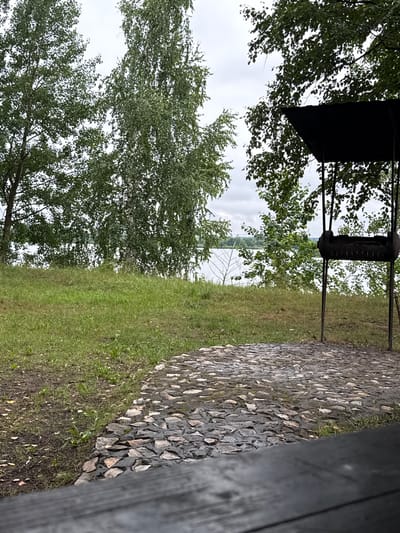 An outdoor scene near a body of water is depicted. In the foreground, a dark, rough-textured wooden surface is visible, partially obscuring the view. Beyond this, a path made of flat, irregularly shaped stones leads towards a grassy area. The grass is uneven and sparsely covered in some areas, with fallen leaves scattered on the ground.
Further back, a metal barbecue grill with a black canopy stands on thin metal legs. The grill itself is cylindrical with protruding rods, suggesting it's designed for skewers. Green trees with dense foliage frame the scene, with some branches reaching over the canopy of the grill. Behind the trees, a wide expanse of water, likely a river or lake, is visible under an overcast sky. The opposite bank of the water appears distant and lined with more trees. The overall impression is one of a serene, possibly rustic, outdoor recreational area. The scene does not contain any people or specific identifying landmarks that would pinpoint its location within Leninskii, Russia.