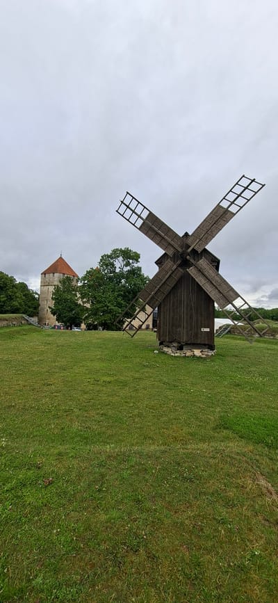 The image shows a traditional wooden windmill with four visible sails in the foreground, set against a backdrop of a stone tower with a red roof. The windmill is weathered and dark brown, with wooden planks forming its structure and lattice-like sails. The stone tower, which appears to be part of a historical fortification or castle, is light grey with a conical red tiled roof. It is located to the left of the windmill.
Behind the windmill and tower, a dense line of lush green trees separates them from what appears to be a cloudy, overcast sky. The scene is set on a gently sloping grassy field. The grass is green with some patches of brown and scattered small white flowers or clover.
In the mid-ground, to the left of the windmill, there is a stone embankment with a metal railing or fence. A set of metal stairs leads up to the embankment. Further behind the windmill and to the right, a white tent-like structure is visible, along with more stone ruins and a metal staircase. There are no people visible in the image. The overall atmosphere is serene and historical, suggesting an outdoor museum or a preserved historical site.
This scene is representative of the grounds surrounding the Kuressaare Episcopal Castle in Kuressaare, Estonia, where historical windmills are preserved and displayed.