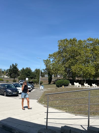 The image presents an outdoor scene in Leiria, Portugal, under a clear blue sky. A light-skinned female individual, wearing a black short-sleeved top, light blue denim shorts, and dark flat shoes, stands on a paved walkway in the center-left. She is actively holding a smartphone to her right ear, appearing to be on a call, with her left hand resting in her shorts pocket.
To the left of the walkway, a line of cars is parked; visible vehicles include a dark grey Ford Fiesta (Portuguese license plate "92-HN-84") and a black BMW with its hood slightly open. A tall, slender street light pole and a public waste/recycling bin are situated adjacent to the parked cars and walkway.
On the right side of the image, a grassy slope rises, populated by large, mature trees with dense green foliage. Positioned on this slope are five light-colored, stylized animal-shaped sculptures or benches, resembling sheep, arranged in a line. The foreground features a multi-bar stainless steel railing, partially obscuring the lower right section of the frame. The overall environment suggests a sunny day in an urban area with elements of a park or green space.