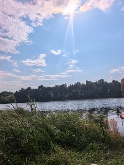 The image depicts a natural scene with a body of water and a tree line under a cloudy sky with visible sun rays. In the foreground, tall green grass lines the bank of the water. A few fishing rods are visible, suggesting an outdoor recreational activity. The water is calm with slight ripples on its surface. Across the water, a dense forest forms a dark green line against the horizon. The sky is a mix of blue and white clouds, with the sun shining brightly through a break in the clouds, casting light rays downwards. The overall atmosphere is serene and suggests a daytime setting in a rural or natural environment. The location is identified as Kuzminovka, Russia.