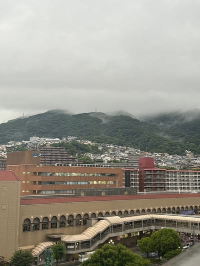 The image presents an elevated urban view in Takarazuka, Japan, specifically the area surrounding Takarazuka Station, under a heavily overcast, light grey sky. In the background, densely forested mountains rise, partially shrouded by low-hanging mist and clouds. Two distinct communication towers are visible on separate mountain peaks.

Below the mountains, a dense residential area extends onto the lower slopes, characterized by numerous multi-story buildings with varied facades. In the mid-ground, a large light-brown commercial or station complex with a terracotta-tiled roof features a long series of arched windows along its lower levels. Adjacent to and partially behind this complex is a rectangular reddish-brown building with the text "SOMPO 2" visible in blue lettering on its upper facade.

Several covered, elevated pedestrian walkways with beige canopies and dark brown structural elements connect from the prominent complex, curving and descending towards the bottom of the frame. Multiple indistinct human figures are discernible walking or standing on these walkways and at ground level below them. Scattered green trees are present in the immediate foreground and around the base of the structures. A few vehicles are faintly visible on a street or parking area beneath the walkways.