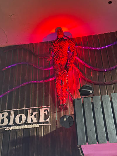 A bizarre wall decoration features a red, mummified human figure attached to the wall with six purple light-up tentacles. Two small, black, disc-shaped objects are attached to the wall above a white sign that reads "BLOKE". The wall itself is constructed from horizontal wooden slats with dark and light tones. A section of the wall is painted black and appears to be made of individual wooden planks. Red lighting illuminates the left side of the scene.