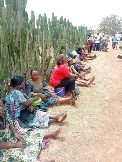 This outdoor image, taken in Ladura Foron, Nigeria, depicts a gathering of people, primarily women, seated along a dry, dusty path. A striking feature on the left is a dense, tall hedge of columnar cactus plants (likely *Euphorbia* species), forming a continuous green barrier under a bright, clear sky.
The ground is reddish-brown earth with sparse dry grass, indicating a warm and dry environment. Most women are sitting directly on the ground, many barefoot, with their legs extended. They are dressed in colorful, patterned traditional African attire, featuring various shades of blue, green, yellow, and red. In the foreground, a woman in a blue and green patterned dress sits cross-legged, while another in a blue and gold patterned dress looks towards the camera with a neutral expression. Further down the line, a woman in a red t-shirt and black trousers is seated on a blue plastic bucket, appearing to interact with those around her.
In the mid-ground and background, on the right side of the path, several people, including men, are standing. Multiple motorbikes are present, some parked and others with riders, suggesting a busy thoroughfare or assembly point. One man in the background wears a white t-shirt with partially visible text, which appears to read "CULTURE U.S.A" and possibly "Nigerian R..." below it, though it is difficult to discern clearly.
The scene conveys an impression of a public gathering or a period of waiting, possibly an event or a community meeting, taking place under bright daylight conditions.