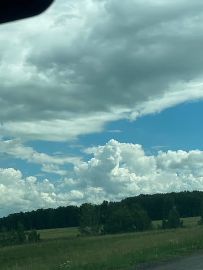 The image captures a wide sky filled with a mix of dark, brooding clouds and bright, puffy white cumulus clouds against a backdrop of vivid blue sky. In the distance, a dense, dark green forest line stretches across the horizon, with the tops of trees creating a jagged silhouette against the sky. In front of the forest, a gently sloping grassy field is visible, with patches of longer, wilder grass and some scattered white wildflowers in the foreground. The lighting suggests it is daytime, possibly late afternoon given the dramatic cloud formations. There are no people, animals, or man-made structures immediately apparent in the scene other than a faint suggestion of a road in the lower right corner. The two small pink objects in the sky, one higher and slightly to the left of the other, are not identifiable.