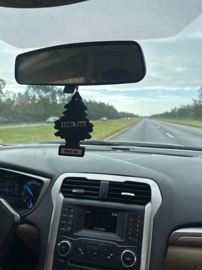 The image captures the interior of a car, specifically the area around the rearview mirror and dashboard, looking out through the front windshield onto a road. The perspective appears to be from the driver's or front passenger's seat.
In the center of the image, a black, tree-shaped air freshener hangs from the rearview mirror. The air freshener clearly displays the brand "Little Trees" in white text, and below it, the scent "Black Ice" is also written in white. The rearview mirror itself is black-framed and reflects a darkened, ambiguous view.
To the right of the air freshener, a portion of the car's dashboard and center console is visible. This includes two air vents, one partially obscured by the air freshener. Below the vents is a car radio or infotainment system with a digital display. The display shows "9:34" as the time, "01.02.2001" as the date, and "79°F" as the temperature. Various buttons and control knobs surround the display panel, indicating audio or climate control functions. Below this, a section of the instrument cluster is partially visible, showing a gauge with a blue-lit needle.
Through the front windshield, a multi-lane road or highway stretches into the distance, appearing to be straight. The road surface is gray with visible lane markings. On either side of the road, there are green, grassy areas lined with dense clusters of trees, suggesting a rural or semi-rural setting. The sky above is largely cloudy with patches of lighter areas, indicating an overcast or partly cloudy day. A faint outline of another vehicle can be seen in the far distance on the road.
The overall scene depicts a car traveling on a highway, with the details on the dashboard suggesting it is a warm morning.