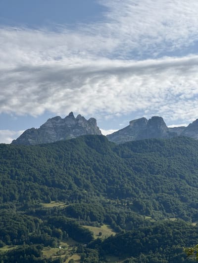 This is a vertical, eye-level shot of a mountain landscape with a bright blue sky filled with wispy white clouds. The foreground is dominated by a steep, densely forested mountainside, a vibrant green tapestry of trees. Patches of lighter green grass, possibly meadows, are visible interspersed within the forest, suggesting small clearings or valleys. A few small, dark structures, possibly houses or barns, are scattered across these clearings. The middle ground features the rugged, rocky peaks of a mountain range, appearing stark and grey against the green of the forest and the blue of the sky. The sky above transitions from a lighter blue near the horizon to a deeper blue overhead, with a prominent band of greyish-white clouds stretching horizontally across the upper portion of the frame. The lighting suggests it is daytime, likely late morning or early afternoon, with sunlight illuminating the scene. The image appears to capture a natural, rural setting in the vicinity of Redice, Montenegro, emphasizing the grandeur of the mountains and the lushness of the vegetation. There are no people or animals visible in the frame.
