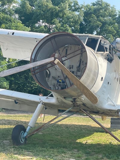 A white, weathered biplane is parked on a grassy field. The aircraft's engine cowling is removed, exposing the engine components and a wooden propeller. The cockpit windows are visible, as are the wings and landing gear. In the background, lush green trees line the horizon. A person is partially visible standing near the wing of the aircraft. The scene appears to be an outdoor area, possibly a field or an abandoned airfield, in Zîrnești, Moldova.
