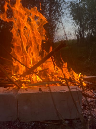This media file depicts a fire burning against a backdrop of trees. The flames are a vibrant orange, illuminating dry branches and sticks that are fueling the blaze. To the right of the fire, two concrete blocks are stacked, serving as a visual anchor for the scene. The background shows the silhouette of trees with a soft, diffused light suggesting either early morning or late evening. The overall impression is one of a natural setting, likely outdoors, with the fire as the central focus. There is no visible text in the image.