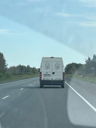 The media file displays the rear of a white van driving on a wet, asphalt road. The van has two circular logos on its rear doors, each depicting a cartoonish face, possibly a bear. There is also text visible on the rear door of the van, but it is partially obscured and difficult to read. The road has white lane markings. On the right side of the road, there are trees and foliage, suggesting a rural or highway setting. The sky is overcast and a light blue, indicating a cloudy or rainy day. The overall lighting suggests it is daytime. The scene appears to be captured from another vehicle. There are no people clearly visible in the media file. The location context provided is Iliushkino, Russia.