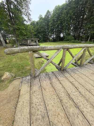 The image depicts a wooden footbridge spanning a body of water covered in bright green algae. The bridge is constructed from rough-hewn logs and planks, showing signs of age and weathering. The railing of the bridge is made from a thick, rounded log supported by angled wooden posts and crossbeams, with a rustic X-shaped pattern in between. The bridge deck is made of wide, weathered wooden planks laid parallel to each other. To the left of the bridge, there is a patch of green grass and a large, light-colored rock. In the background, a dense forest of tall, green trees forms a backdrop. The sky is overcast and the overall lighting suggests a daytime scene. The location is identified as Камянюцкі сельскі Савет, Belarus. There are no people or animals visible in the image.