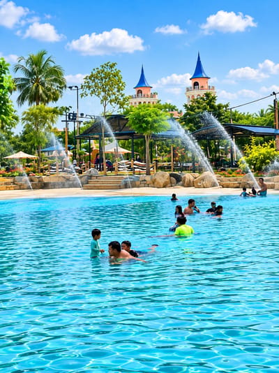 The image depicts a clear, bright day at a water park in Eampat Kwalamencirim, Indonesia, as indicated by the architectural style of the towers and the lush tropical vegetation. In the foreground, a group of people are enjoying a large, turquoise swimming pool. Several individuals, including children and adults, are swimming and interacting. In the center-left, a man is swimming with two children, one of whom is standing in the shallow end. Further in the pool, other groups of people are visible, some swimming and others conversing. The background features a sandy area with lounge chairs and umbrellas, and beyond that, a vibrant green landscape with palm trees and other foliage. Two distinctive towers with blue, pointed roofs rise above the trees, adding a whimsical element to the park's design. Water fountains are spraying water in the middle ground, creating a refreshing atmosphere. The sky is a brilliant blue with scattered white clouds.