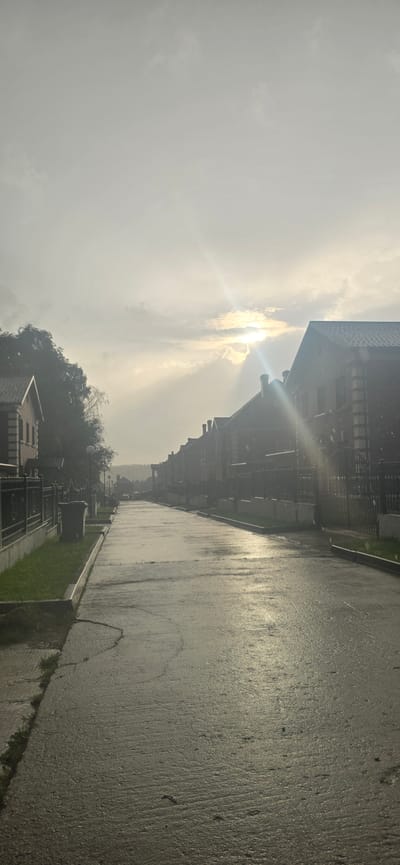 A vertical shot captures a street in the village of Русская Деревня-2 Кп, Russia, under an overcast sky with sunbeams piercing through the clouds. The wet asphalt road, reflecting the dull light, stretches into the distance, lined with identical brick houses with dark roofs and ornate black fences. A line of trees is visible on the left side of the street. The scene appears to be captured during or shortly after a rainfall, with small white specks, possibly raindrops or snowflakes, visible in the air. A gray trash can sits on a patch of grass next to the sidewalk on the left. The overall atmosphere is subdued and possibly cool, with the muted tones of the sky and the reflective wet road contributing to a somber mood.