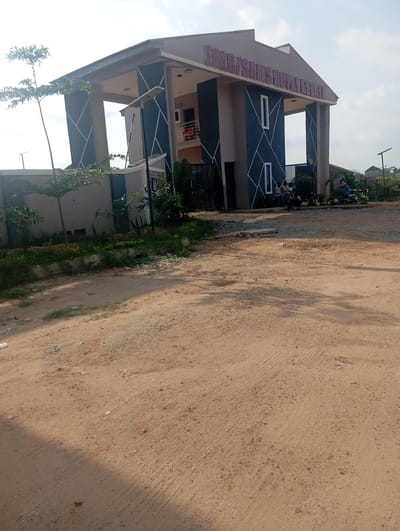 The image shows the entrance to a residential estate in Tasha, Nigeria. The entrance features a modern, multi-level structure with a prominent sign that reads "EFAB SAHIL ROYAL ESTATE" in red lettering. The structure is adorned with dark blue and light gray geometric patterns. In front of the entrance, there are several people, some of whom appear to be security personnel, sitting and standing. A solar-powered street light is also visible. The ground in the foreground is unpaved, with dirt and gravel, suggesting that the area may still be under development. Lush green vegetation and trees are planted around the entrance, indicating an attempt at landscaping. In the background, other buildings and structures characteristic of a developing urban or suburban environment are visible under a cloudy sky. The overall scene depicts an entry point to a housing development in Nigeria.