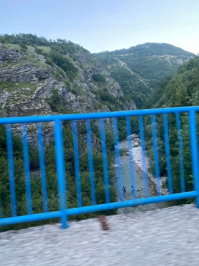 The image is taken from a bridge overlooking a valley with a river. In the foreground, a bright blue metal railing is visible, with a concrete walkway behind it. The railing is blurred due to motion. Beyond the railing, the valley slopes upward, covered in lush green trees. A rocky, steep mountainside is on the left, with sparse vegetation. A clear river flows through the valley floor, with a gravelly bed. Two people are in the river, one standing and one appearing to be kneeling or crouching. The sky is a pale blue, with faint horizontal lines that could be power lines. The scene depicts a natural landscape with human presence, likely in or near the town of Šavnik, Montenegro, given its mountainous terrain and rivers.