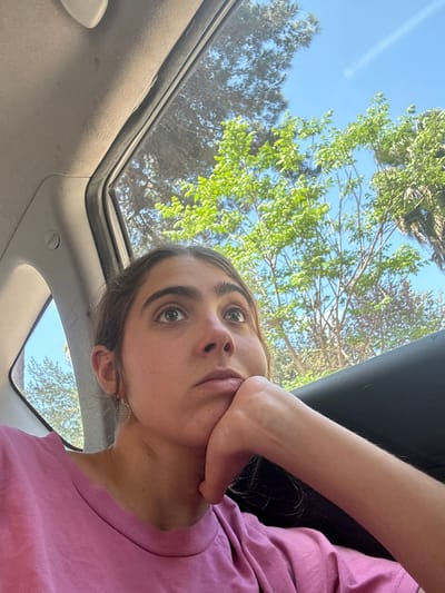 A person is inside a vehicle with a sunroof. The person is wearing a pink shirt and appears to be holding their own face with their hand. Trees and a blue sky are visible through the sunroof. The location is likely in the Alona Regional Council, Israel, based on the trees.