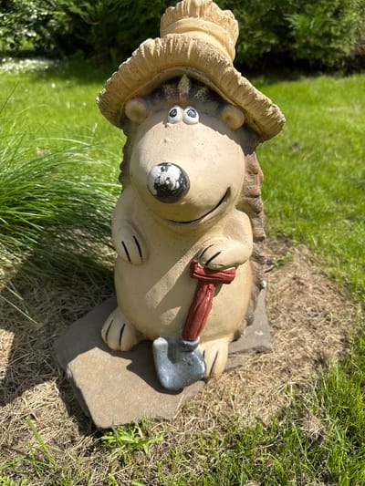 A close-up, eye-level shot features a garden gnome shaped like a hedgehog, standing outdoors on a sunny day in Земледелец-90 Спк, Russia. The gnome is made of a light-colored ceramic material and is wearing a straw hat. It has a round, cream-colored body with black markings on its nose and eyes. Its mouth is curved into a smile, and it has two small, black claws on each hand. The gnome is holding a miniature shovel with a red handle and a gray blade. It is positioned on top of two flat, irregular-shaped stones, which are resting on dry grass and soil. In the background, lush green grass and some out-of-focus foliage are visible, indicating a garden or park setting. The sunlight casts shadows on the gnome and the ground.
