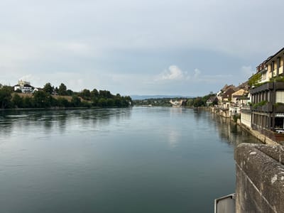 The image captures a wide, calm river flowing through a city on a cloudy day. The left bank of the river is lined with green trees and a white building with a prominent gabled roof. The right bank features a row of multi-story buildings with light-colored facades, many with balconies and awnings, extending along the waterfront. The river's surface reflects the overcast sky and the trees on the left bank. In the foreground on the right, a section of a rough, stone structure is visible, likely part of a bridge or embankment. The distant horizon shows rolling hills and more buildings. The scene is peaceful and urban, with the river acting as a central element. This perspective is consistent with a view from a bridge over the Rhine River in Rheinfelden, Switzerland, looking eastward.