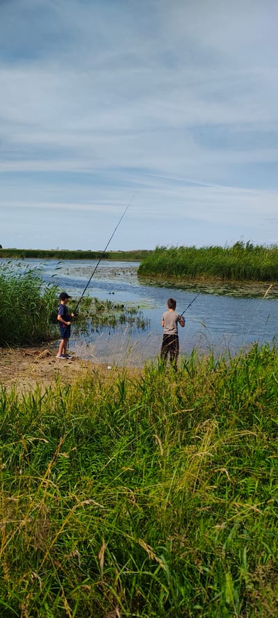 Two young boys are fishing on the shore of a body of water. The boy on the left is wearing a black t-shirt, blue shorts, and a black baseball cap. He is standing on a sandy patch of ground with tall green grass in the foreground. The boy on the right is wearing a grey t-shirt and black pants. He is standing closer to the water, with his feet in the shallow edge. Both boys are holding fishing rods, with the lines cast into the water. The water is calm and reflects the blue sky with scattered white clouds. Tall reeds and green vegetation line the opposite bank of the water. The scene appears to be in a natural setting, possibly a lake or a slow-moving river, and the location is identified as Malaya Listovka, Russia.