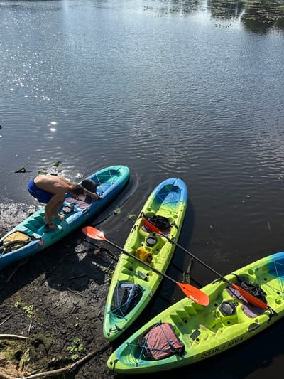 The image shows three kayaks on the edge of a body of water. A shirtless man wearing blue shorts is seated on the kayak closest to the water, preparing to launch. Two kayaks are located on land. The kayaks are labeled "Ocean Kayak". Two paddles are laying across the middle kayak. The water appears to be a lake or pond, reflecting sunlight and the opposite bank. The location is likely in a natural setting rather than a developed urban area. Without further context, it's not possible to confirm the specific location within Tampa.