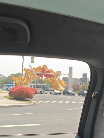 The image depicts an exterior urban scene in Jurong, China, viewed from inside a vehicle. A large, ornate archway dominates the central view, featuring golden cloud-like or lingzhi mushroom motifs, two white crane sculptures with spread wings, and a red banner with white Chinese characters. This archway spans a multi-lane asphalt road. In the foreground, a prominent, dense red shrub occupies a traffic island. Multiple vehicles are present on the road: several white buses, a white sedan, a dark SUV, and a dark crossover SUV. A grey street light pole with a hanging lantern is positioned to the left of the archway, and a blue "P" parking sign is visible further left. The background includes distant hills to the left, and various buildings with pitched roofs to the right. The sky is bright and appears hazy. No individuals are explicitly visible.