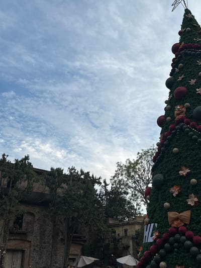 A low-angle shot captures a vibrant Christmas tree laden with ornaments and garlands, contrasting against a cloudy sky. Adjacent to the tree, trees and a stone building adorned with climbing plants rise, adding depth to the composition. Tables and umbrellas hint at an outdoor setting, possibly a market or gathering place. The perspective emphasizes the height of the tree and the expansive sky.