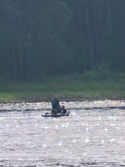 The image shows a serene natural scene with two people in a small boat on a body of water. The water is shimmering with sunlight, suggesting it is daytime, likely morning or late afternoon due to the soft lighting and the dark shadows of the trees in the background. The background is dominated by a dense forest, indicating a wooded or wilderness area. The trees appear tall and close together, creating a dark, somewhat mysterious backdrop against the bright water.
The boat, a light-colored vessel, is positioned in the middle ground of the image. One person is visible standing in the boat, wearing a patterned shirt, and seems to be engaged in an activity, possibly fishing or maneuvering the boat. Another person's head and shoulders are visible in the boat, slightly in front of the standing individual. They are wearing a blue garment. The overall mood of the image is peaceful and tranquil, with the sparkling water and the quiet presence of the people suggesting a moment of calm enjoyment of nature. The location context of Sysert, Russia, implies a setting in a natural landscape characteristic of that region, possibly a lake or a slow-moving river. There is no visible text in the image.