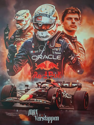 The image is a promotional poster for Formula 1 driver Max Verstappen. It features three depictions of Verstappen in his Red Bull Racing driver suit and helmet. In the foreground, a Red Bull Racing Formula 1 car is shown from a low angle, with its wheels and front wing prominently displayed. The car is dark blue with red and yellow accents, and features various sponsor logos, including Oracle, Red Bull, and Bybit. In the midground, Verstappen is shown from the chest up, wearing his helmet and looking forward. Another depiction of Verstappen in his helmet is visible behind him, slightly to the left, with his hand raised in a gesture. The background is a dramatic, fiery orange and yellow, suggesting speed and intensity, with smoke or dust effects. The text "MAX Verstappen" is prominently displayed in a stylized font at the bottom of the poster. The poster is likely displayed in Sinzheim, Germany, as indicated by the context, although the image itself does not contain any direct visual cues to its location.