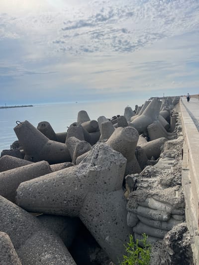 The image shows a concrete breakwater in Baltiysk, Russia, along the coast of the Baltic Sea. The breakwater is constructed from large, interlocking concrete tetrapods, some of which are weathered and damaged. A concrete walkway runs alongside the breakwater, and a few individuals are seen walking along it in the distance. The sea is calm, with a few distant ships visible on the horizon. The sky is partly cloudy, with a bright sun illuminating the scene. Green vegetation is growing at the base of the breakwater in the foreground.