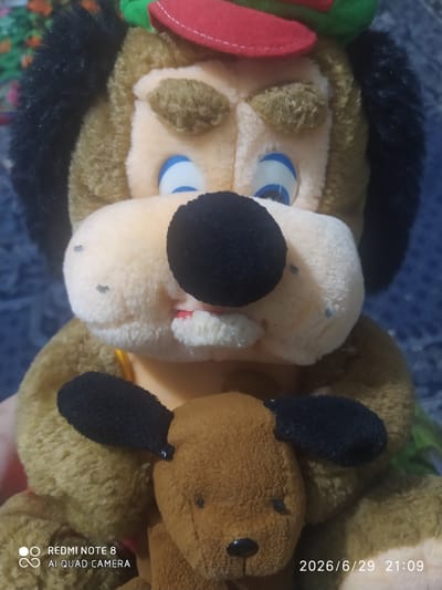 The image shows a close-up of two stuffed toys, likely dogs, against a blurry, dark blue background. The toys are positioned next to each other and are mostly brown and beige with black and blue accents. The toy in the foreground has a large, round black nose, blue eyes with black pupils, and fuzzy beige fur on its face. It also has black fur around its head and a red and green hat on its head. The second toy, partially visible behind the first, is also brown and fuzzy, with a black ear and black eyes. The overall impression is of a playful and somewhat whimsical scene, though the lighting is dim, suggesting it might be indoors or late in the day. There is no indication of a specific event or activity taking place, beyond the toys being displayed. The visible text includes "2026/6/29 21:09" and "REDMI NOTE 8 AI QUAD CAMERA" on the right side of the image. These appear to be metadata from the camera used to take the photo, rather than elements within the scene itself. Given the provided location context of Baýramaly, Turkmenistan, the setting is domestic or possibly a shop displaying the toys.