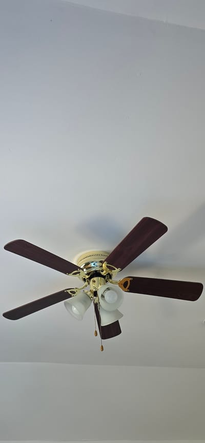 The image shows a close-up, low-angle view of a ceiling fan with five dark brown blades, a brass-colored motor housing, and three glass light fixtures. The ceiling fan is mounted on a white ceiling. The image does not provide any information about the location in Drummondville, Canada.