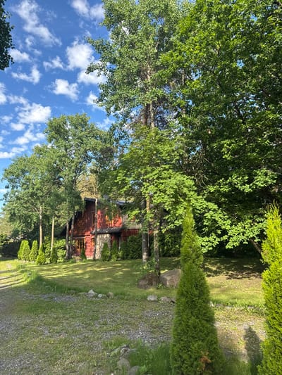 This media file captures a tranquil, outdoor scene. The primary subjects are the lush green foliage of mature trees and manicured bushes, framing a rustic, red wooden building with stone accents. The building appears to be a house or cabin, with visible windows and a dark roof. A gravel path runs alongside a vibrant green lawn, suggesting a well-maintained yard or garden. Large, rough-hewn rocks are interspersed throughout the landscape.
The time of day appears to be late morning or early afternoon, as indicated by the bright sunlight casting distinct shadows from the trees onto the grass. The sky is a clear, brilliant blue, dotted with fluffy white clouds, suggesting pleasant weather. The overall mood is peaceful and serene, evoking a sense of natural beauty and quietude.
The image appears to have been taken in Saue, Estonia, as indicated by the provided location context. No people are visible in the frame, and there is no visible text. The composition is dominated by the natural elements and the architectural structure, creating a harmonious blend of nature and human habitation.