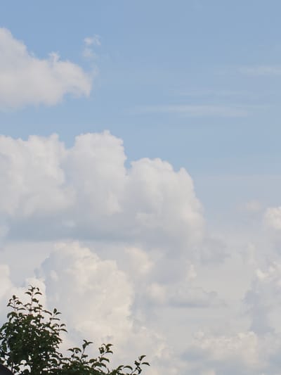 The image shows a bright, cloudy sky above the city of Koledino, Russia. The sky is a light blue with large, fluffy white cumulus clouds dominating the frame. In the lower left corner, the dark green leaves and branches of a tree are visible, suggesting an outdoor setting with vegetation. The overall impression is one of a clear, pleasant day.