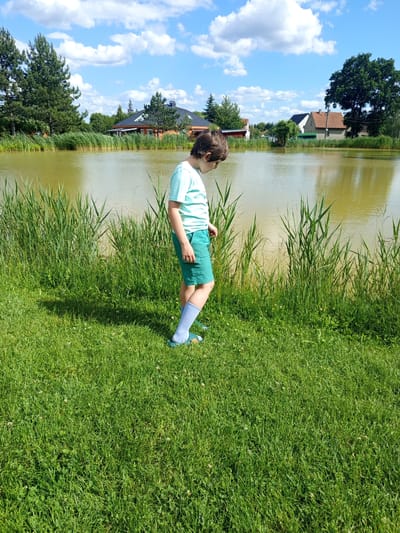 The image depicts a young boy standing beside a pond under a clear blue sky with scattered white clouds in Ptice, Czechia. The boy, positioned slightly right of center, has brown hair and is wearing a light blue short-sleeved t-shirt, dark green shorts, light blue socks, and light blue sandals. He is looking downwards, towards the grassy bank or the water's edge. The foreground consists of vibrant green grass with small white clover flowers. A long, dark shadow of an unseen individual is cast on the grass to the left. Immediately behind the boy and along the pond's bank, tall green reeds or rushes are visible. The pond itself is a greenish-brown body of water, reflecting the sky and showing slight ripples on its surface. In the background, across the pond, multiple residential houses with varying roof and wall colors are scattered among numerous trees. Prominent large coniferous trees are on the left, and a large deciduous tree is on the far right. The scene is illuminated by bright sunlight, indicative of daytime.