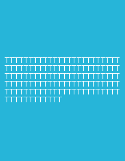 This is a digital image with a bright blue background. Across the lower portion of the image, there are multiple rows of white text, specifically the letter "T" repeated in each row. The first row contains 31 "T"s. The second row has 30 "T"s. The third row also has 31 "T"s. The fourth row is shorter, with 27 "T"s. The final, fifth row, is the shortest, containing only 4 "T"s. The arrangement of the "T"s forms horizontal lines against the solid blue background. There is no discernable scene, setting, or activity depicted beyond the arrangement of the text. The image does not provide any cues about time of day, weather, location, or emotions.