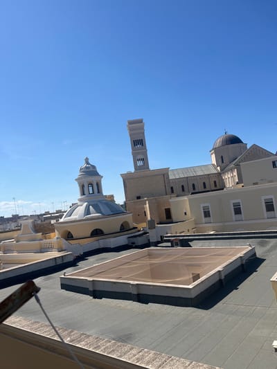 The image is taken from a rooftop in Bisceglie, Italy, at coordinates 41.242, 16.499, looking out at the surrounding cityscape. It is a sunny day with a clear blue sky. The rooftop is made of grey tiles and features a large, rectangular skylight covered in a brown mesh netting. In the background, there are three prominent buildings: a church with a dome, a bell tower with a clock face, and another building with a flat roof and visible windows. The rooflines of other buildings are visible in the distance. The image appears to be taken from a residential building with a yellow facade. The roof is partially obscured by the foreground. There are no people in the scene, and the environment is peaceful.