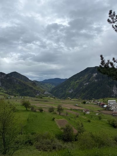 The image depicts a mountainous landscape in Giovren, Bulgaria, under a cloudy sky. A range of mountains extends across the frame, their slopes covered with green vegetation. A village is situated on a grassy hillside, interspersed with cultivated plots. Trees and other plants appear in the foreground and scattered throughout the scene. The overall impression is that of a rural setting.