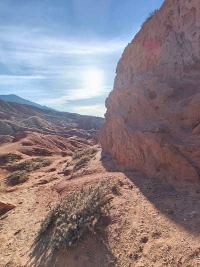 This image presents a vast, arid canyon landscape in Tosor, Kyrgyzstan, characterized by striking reddish-brown rock formations and rolling hills under a bright sky. The scene is illuminated by a low-angle sun, suggesting either early morning or late afternoon, which casts long shadows and creates strong contrasts.
In the foreground, the ground is composed of reddish-brown sand and gravel, dotted with sparse, spiky desert vegetation that casts short shadows. A prominent, massive, reddish-brown rock wall dominates the right side of the frame, exhibiting heavily eroded textures, indentations, and vertical fissures. This cliff casts a significant shadow across the adjacent ground.
Beyond the immediate foreground, the landscape unfolds into a valley filled with undulating red hills and smaller canyon formations, extending towards the distant horizon. Scattered patches of hardy vegetation are visible on these rolling slopes. In the background, larger, darker mountains rise against a bright, light blue sky adorned with wispy, streaky white clouds. The sun, a powerful source of light, is positioned in the upper right, creating lens flare and intense highlights that accentuate the vibrant red and orange hues of the geological features. There is no visible human activity or discernible text in the photograph, highlighting the raw, natural beauty and solitude of this remote desert environment.