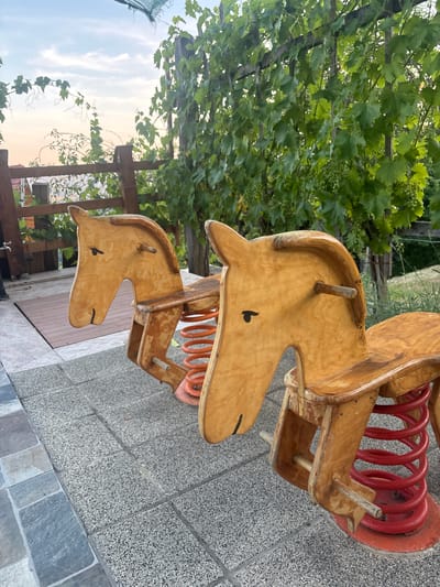 The image depicts two wooden rocking horses with red springs, set on a tiled patio. The horses have simple painted eyes and mouths. In the background, a wooden fence and lush green grapevines are visible. The sky above is a pale blue with wispy clouds, suggesting either early morning or late afternoon. The scene appears to be an outdoor recreational area, possibly a garden or backyard, with elements of nature and play. The specific location is identified as Dolenje Grčevje, Slovenia.