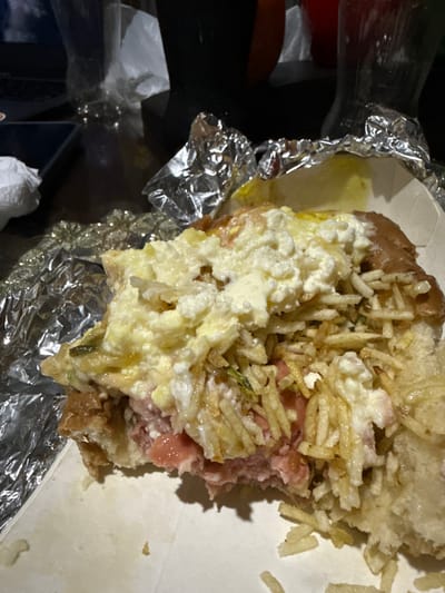A partially eaten hot dog is piled high with toppings. Shredded potato sticks are scattered across the top and sides. A generous portion of creamy white sauce covers much of the hot dog. The bun is visible beneath the toppings and appears slightly soggy. The hot dog sits inside a foil-lined container, with a white cardboard side visible. The background includes crumpled foil and dark, blurry objects.
