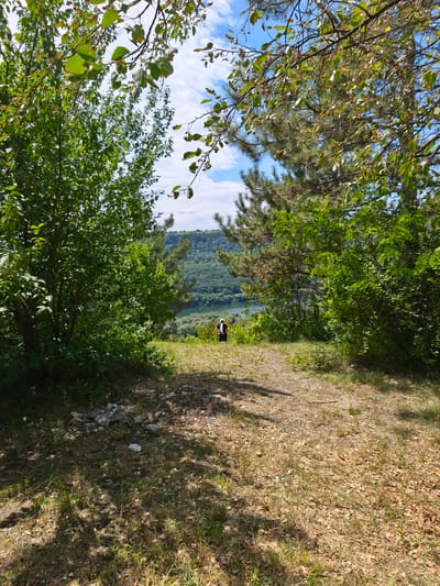 The image depicts a natural landscape viewed from a clearing on a hillside, overlooking a wide river valley. Lush green foliage, including trees and bushes, frames the scene on both sides. The foreground consists of dry grass and fallen leaves, with a small pile of stones. A person, dressed in dark clothing and wearing a white headscarf, stands in the middle ground facing away from the camera, looking towards the river. The river is visible in the distance, flanked by dense, tree-covered hillsides under a blue sky with scattered clouds. The overall impression is one of a tranquil, scenic overlook.