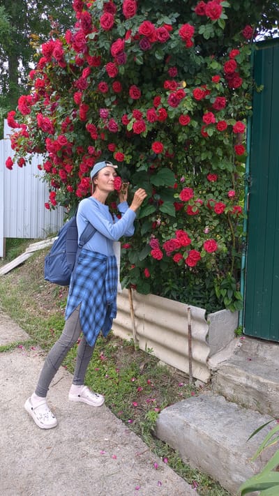 A woman in a blue long-sleeved shirt, a blue plaid shirt tied around her waist, grey leggings, pink clogs, and a blue baseball cap stands in front of a large bush covered in red roses. She is holding a rose to her nose and appears to be smelling it. She is also wearing a blue backpack. The scene appears to be in a yard or garden, with a fence and a green door visible in the background. The ground is covered in concrete and grass, with rose petals scattered around. The woman is positioned on a concrete path, with a concrete step to her right. The overall impression is of a casual outdoor setting, possibly in the village of Malyi Mayak, Ukraine, given the information provided.