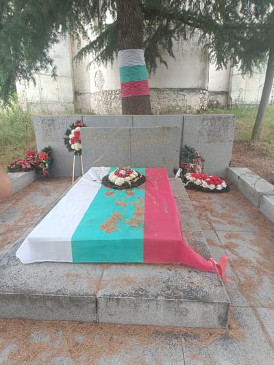 This media file depicts a grave site adorned with flowers and a Bulgarian flag. The grave is made of granite and features a large stone slab covered by the flag, which is draped with a wreath of red, white, and pink flowers. The flag is divided into three horizontal stripes: white, green, and red. Small pieces of dry grass or straw are scattered on the flag and the surrounding granite structure.
To the left of the grave, a wreath of red and white flowers rests on a granite block. Behind the grave, a large granite monument is visible, inscribed with Cyrillic text and what appears to be a date range: "1872-1919". Two other wreaths, one primarily red and the other a mix of red and white, are placed near the monument. A tree trunk, wrapped with a cloth in the colors of the Bulgarian flag, stands to the left of the monument. The setting appears to be outdoors, possibly a cemetery or memorial park, with trees and vegetation visible in the background. The lighting suggests it might be daytime, under natural light. The overall mood is somber and respectful, indicated by the presence of flowers and the national flag. The visible text on the monument likely commemorates a historical figure.
