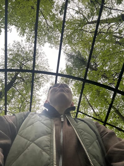 The image shows a low-angle view looking up through a black metal grid structure. Beyond the grid, there are trees with green foliage against a bright, overcast sky. In the lower right, a person is partially visible, wearing a brown sweatshirt and a green quilted vest. Based on the location, this scene is likely within the Arkhangel'skoe Estate.